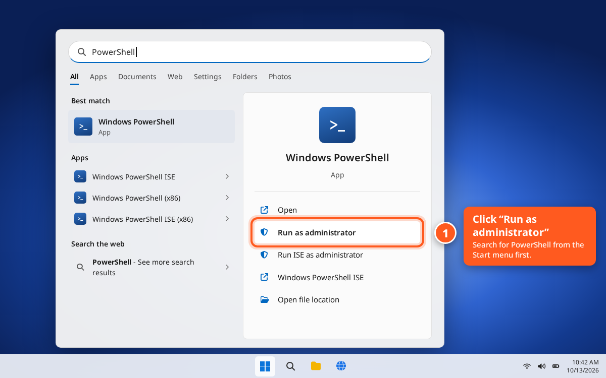 Windows Start menu showing PowerShell search results with Run as administrator highlighted