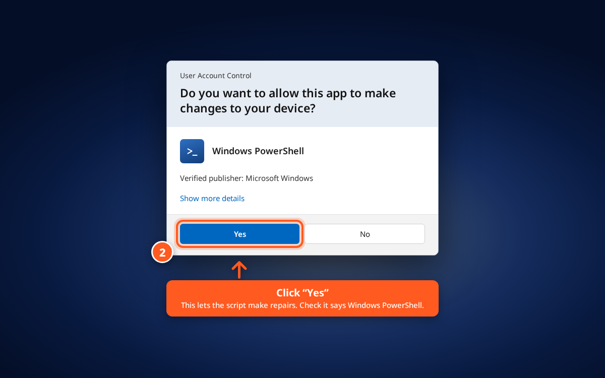 Windows User Account Control dialog with Yes button highlighted