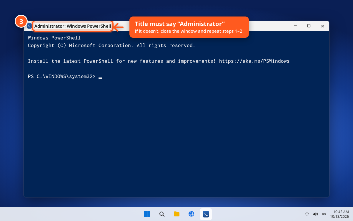 PowerShell window with Administrator in the title bar