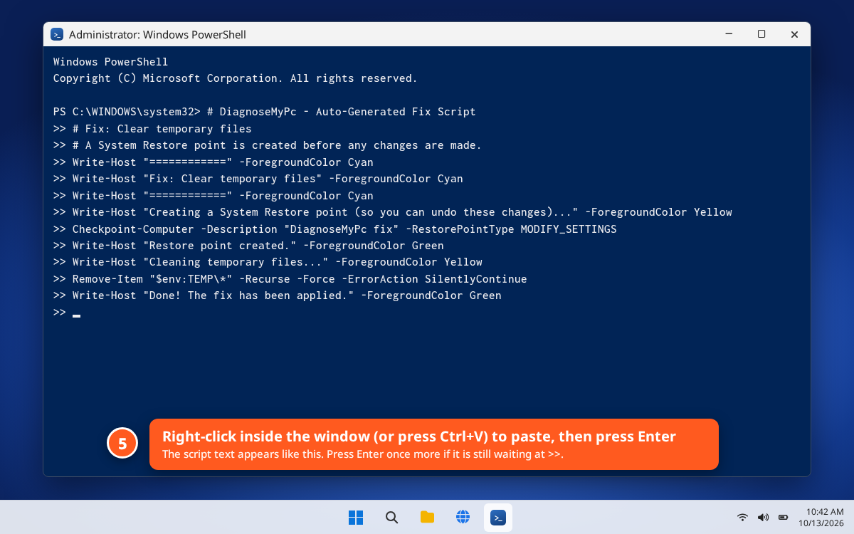 PowerShell window with pasted fix script ready to run