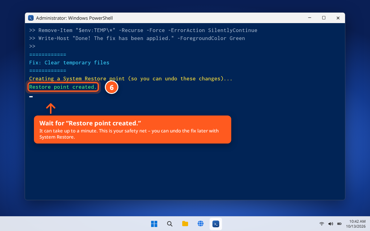 PowerShell showing the restore point creation step
