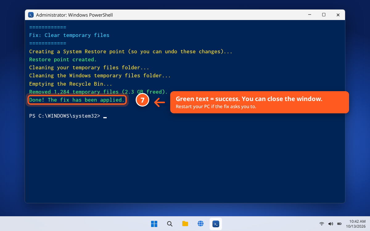 PowerShell showing green Script complete success message