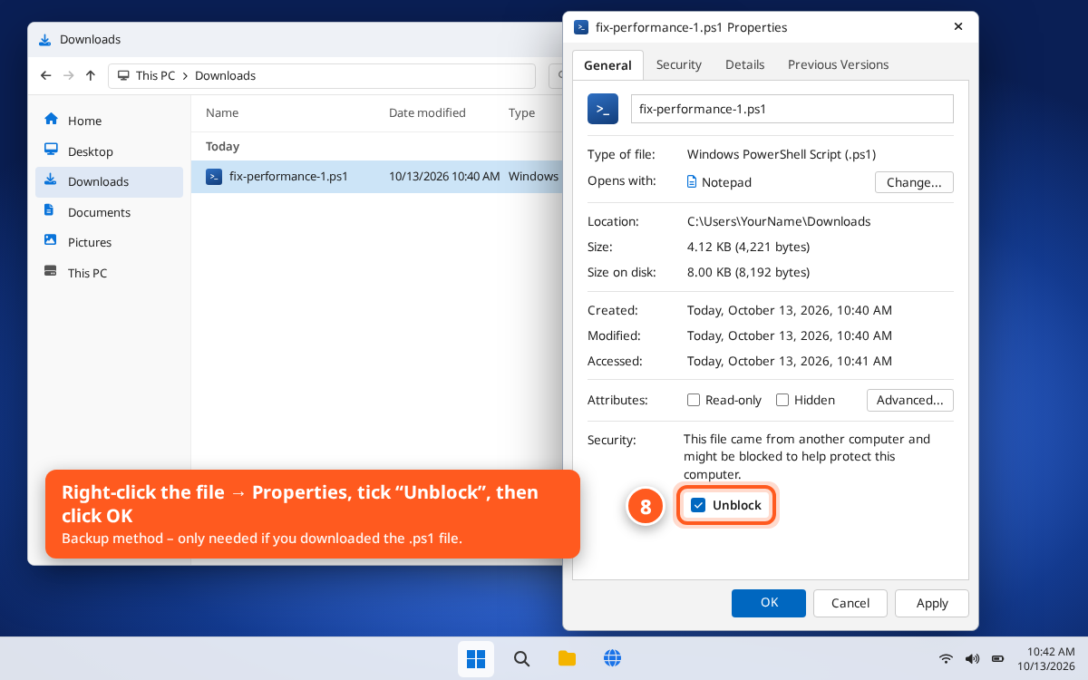 File Properties dialog with Unblock checkbox at the bottom