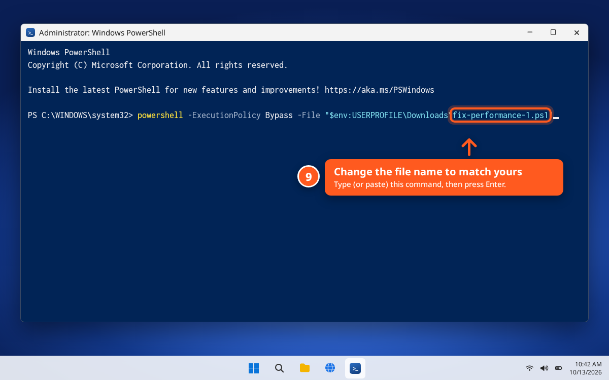 PowerShell running the downloaded fix script with Bypass flag